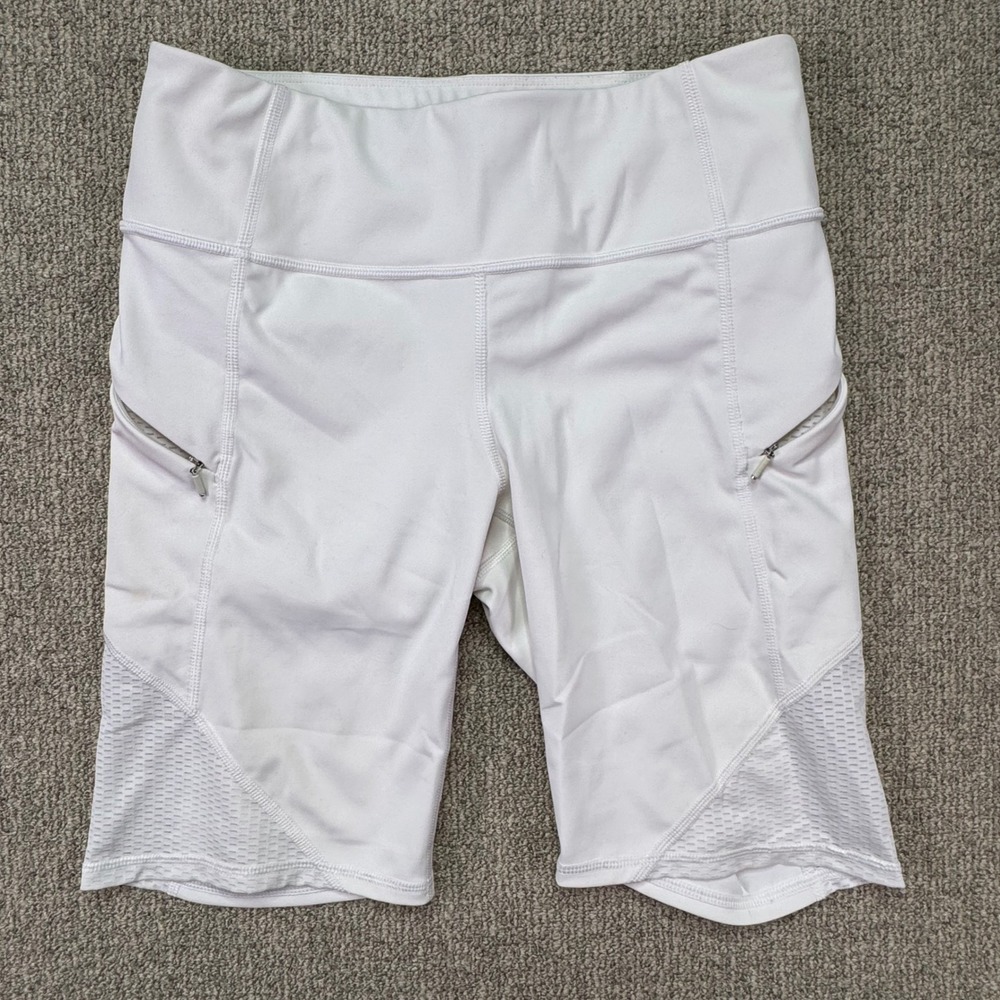 Athleta Mesh Racer Running Shorts 9" White Small EUC High Rise Zip‎ Pockets